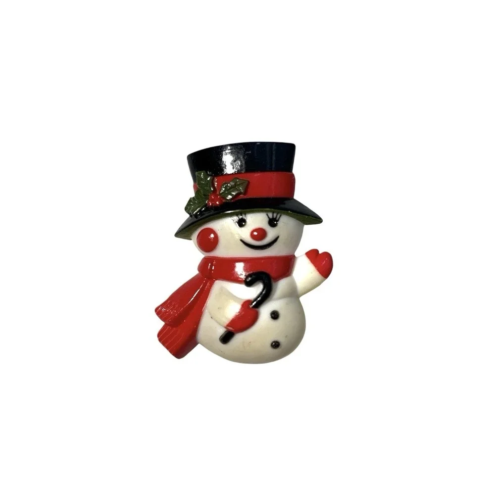 Vintage Signed Hallmark Plastic Holiday Christmas Jolly Snowman Brooch Pin